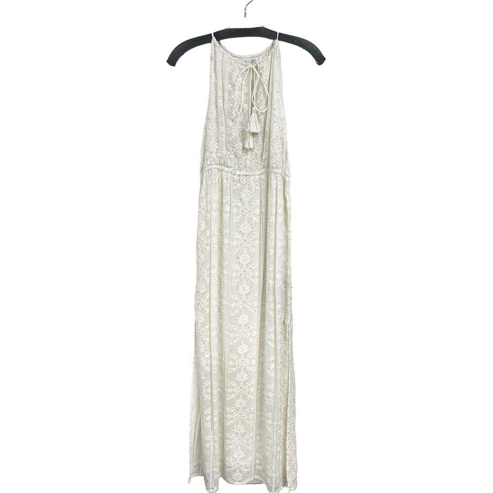 Tessora White Hand Embellished Sequin Tassel Tie Side Slit Maxi Dress XS